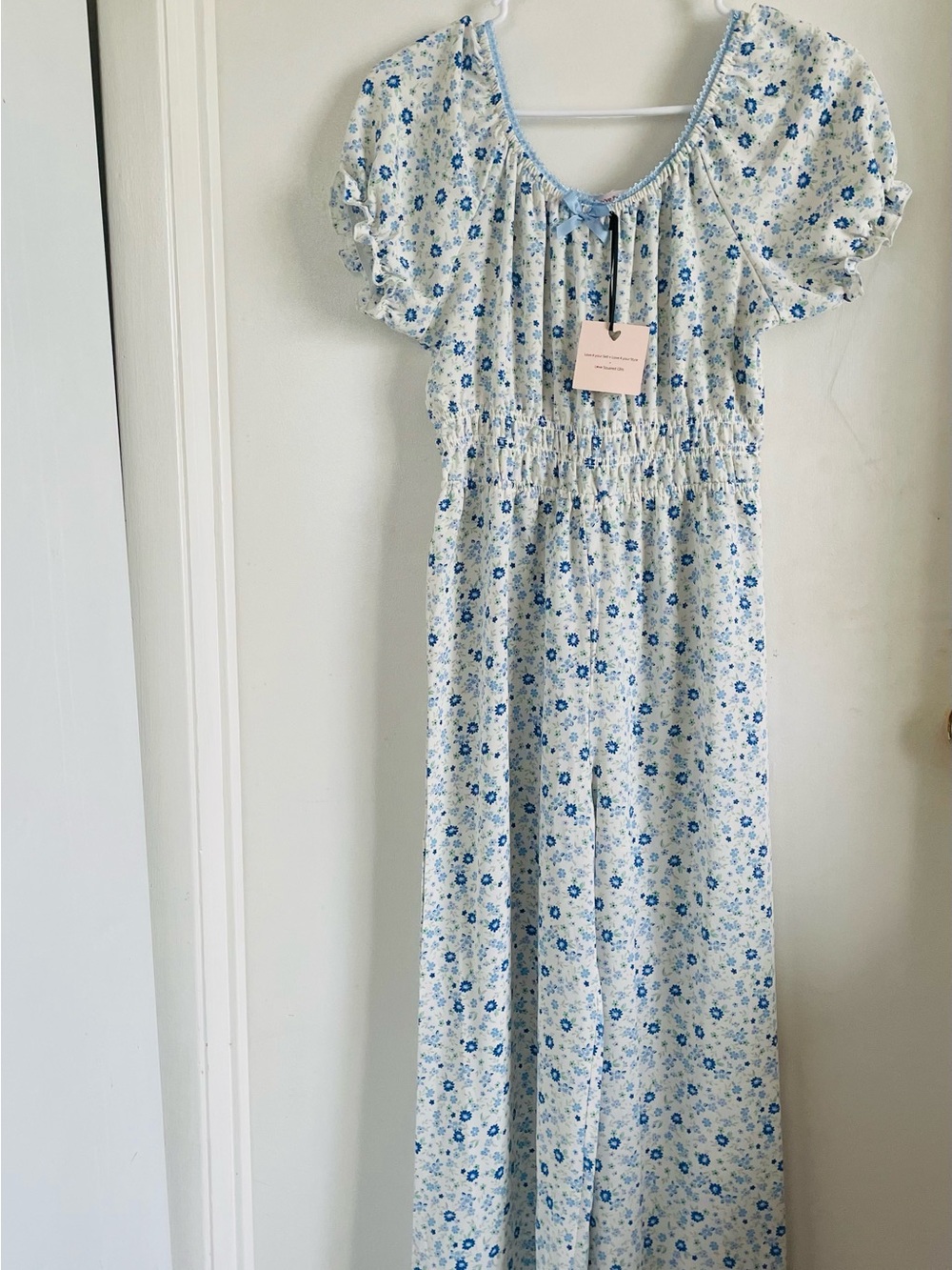 Blue Floral Puff-Sleeve Jumpsuit Pantsuit - Women's